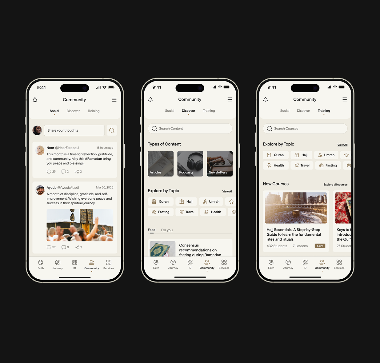 Community screens — courses and content